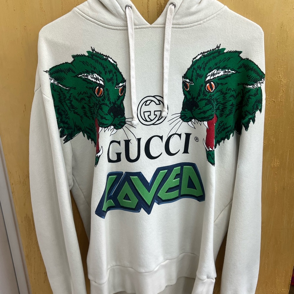 Gucci Cream Hoodie with Green Panther Motif